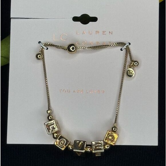 Lauren Conrad Gold Tone Beaded Bracelet with “Loved” in Gold Beads Slide Closure - Picture 2 of 4